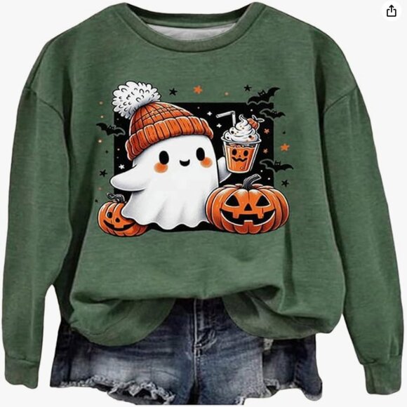 NWOT Cute Halloween Ghost Sweatshirt-Green Crewneck Fall Pullover w/Pumpkin/Bat - Picture 1 of 2